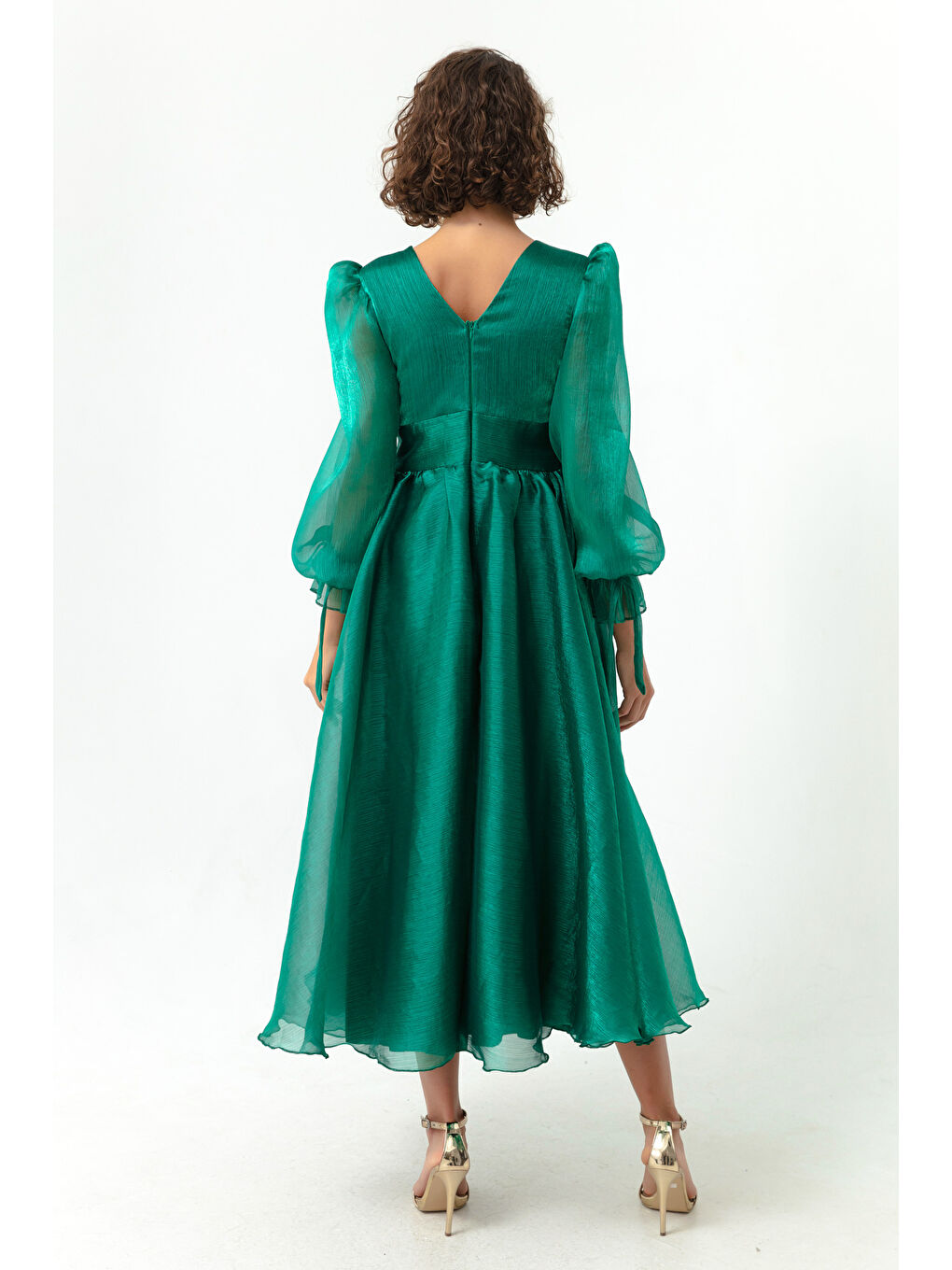 Kadın Zümrüt Yeşili Balon Kol V Yaka Midi Abiye Elbise-4