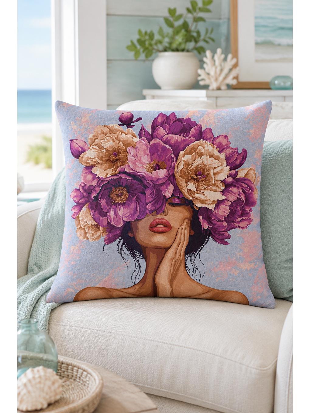 Mor Çiçek Taçlı Kadın Portre Dekoratif Kırlent Kılıfı Bohem Salon Dekor 43x43 Cm-3