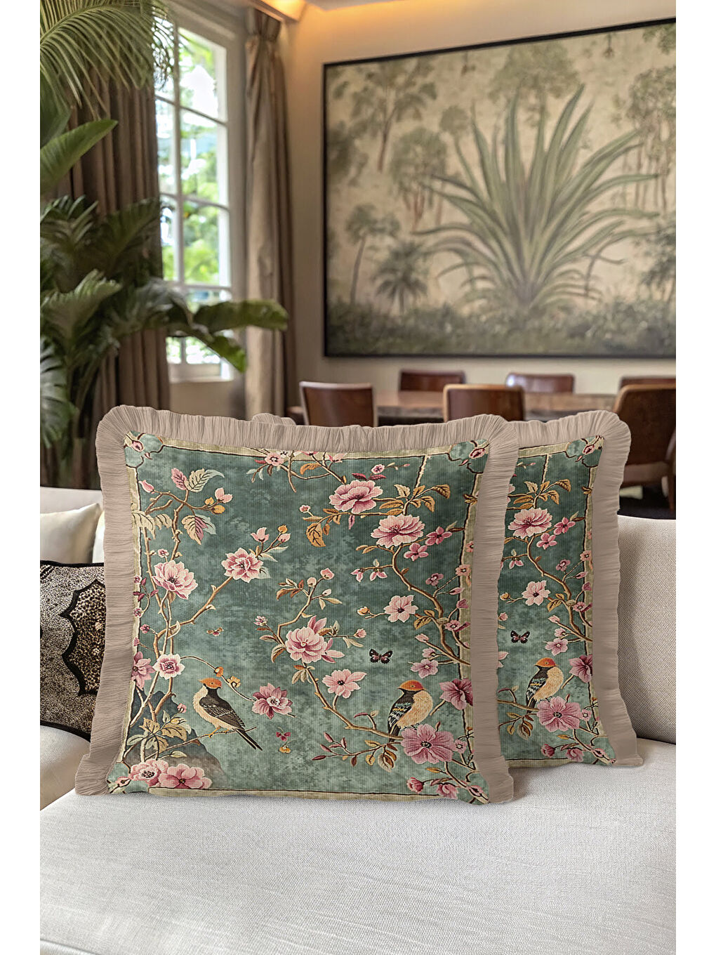 Karışık Bahar Kuşlu Saçaklı Yastık Kılıfı - Vintage Çiçekli Klasik Bohem Yeşil Püsküllü Kırlent Kılıfı-5
