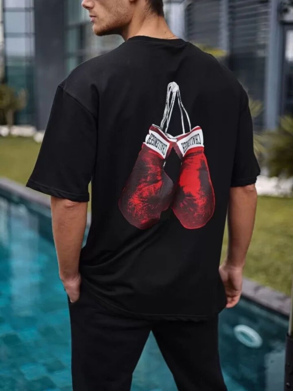 Unisex Bisiklet Yaka Baskılı Oversize T-Shirt - Siyah-1