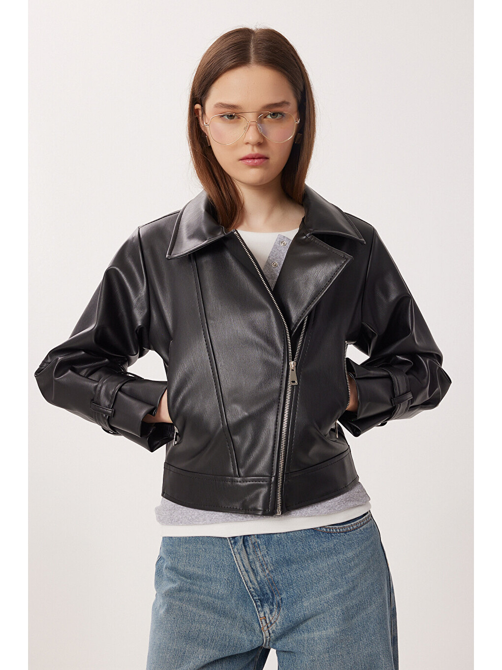 Siyah Suni Deri Biker Ceket SİYAH LAX0007