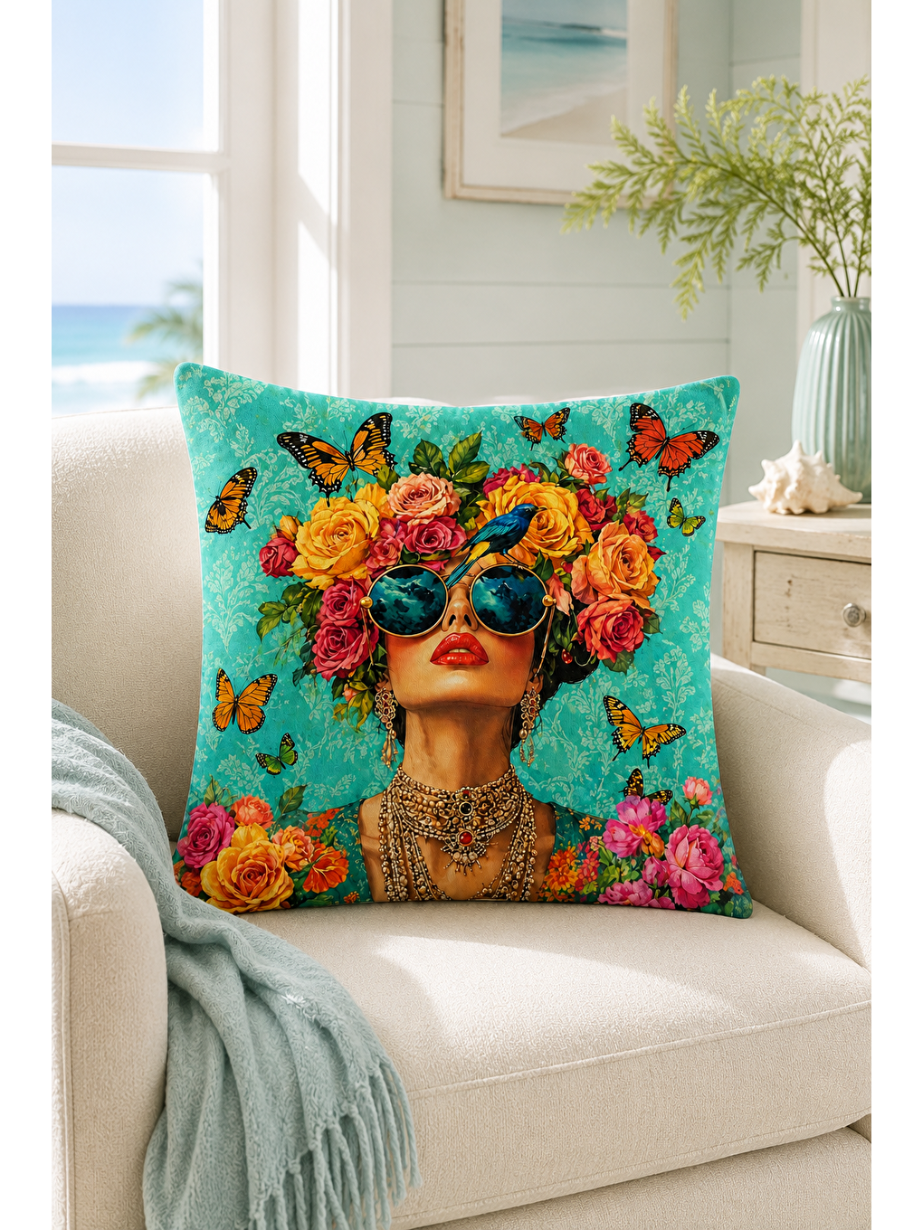 Turkuaz Çiçek Taçlı Kadın Kelebek Desenli Dekoratif Kırlent Kılıfı Bohem Salon Dekor 43x43 Cm-6