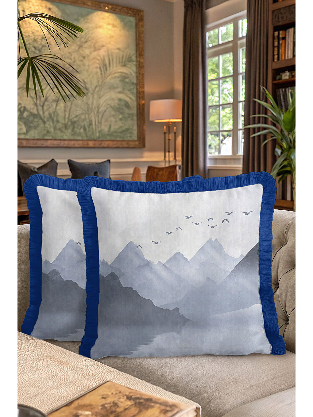 Karışık Füme Dağ Manzaralı Saçaklı Yastık Kılıfı - Minimalist Doğa Temalı Mavi Püsküllü Kırlent Kılıfı-7