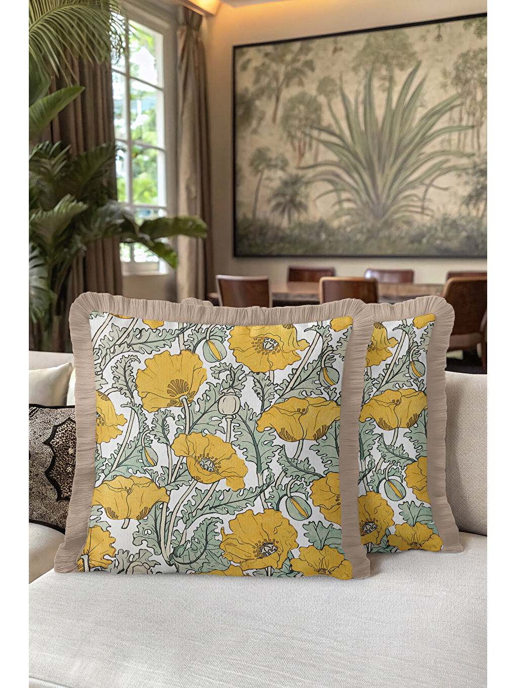 Karışık Lüks Çiçek Bahçesi Saçaklı Yastık Kılıfı - Vintage Country Sarı Yeşil Püsküllü Kırlent Kılıfı-5
