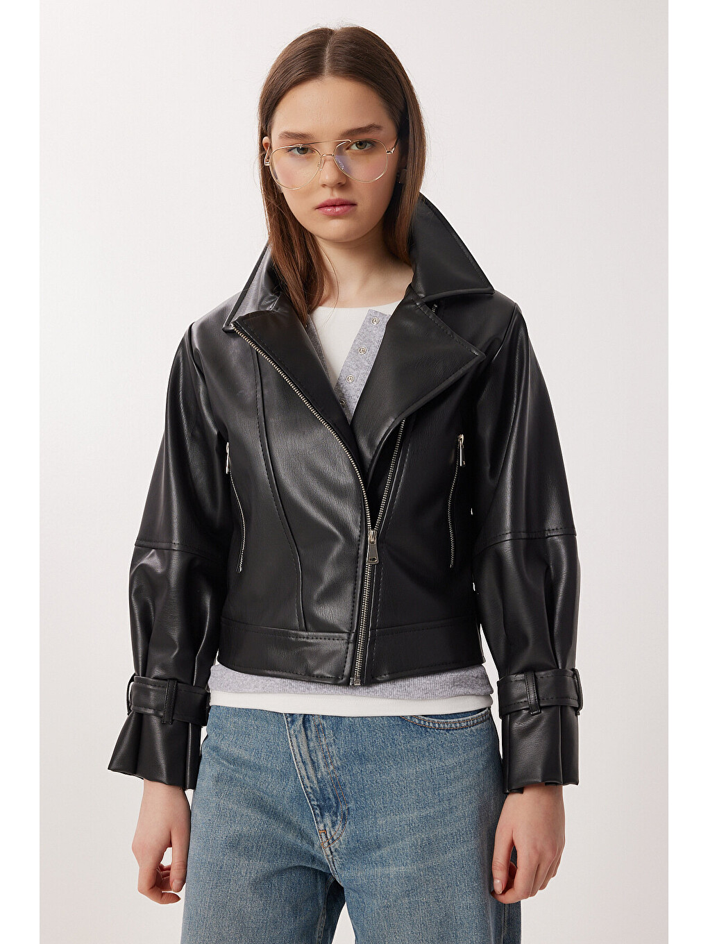 Siyah Suni Deri Biker Ceket SİYAH LAX0007-1