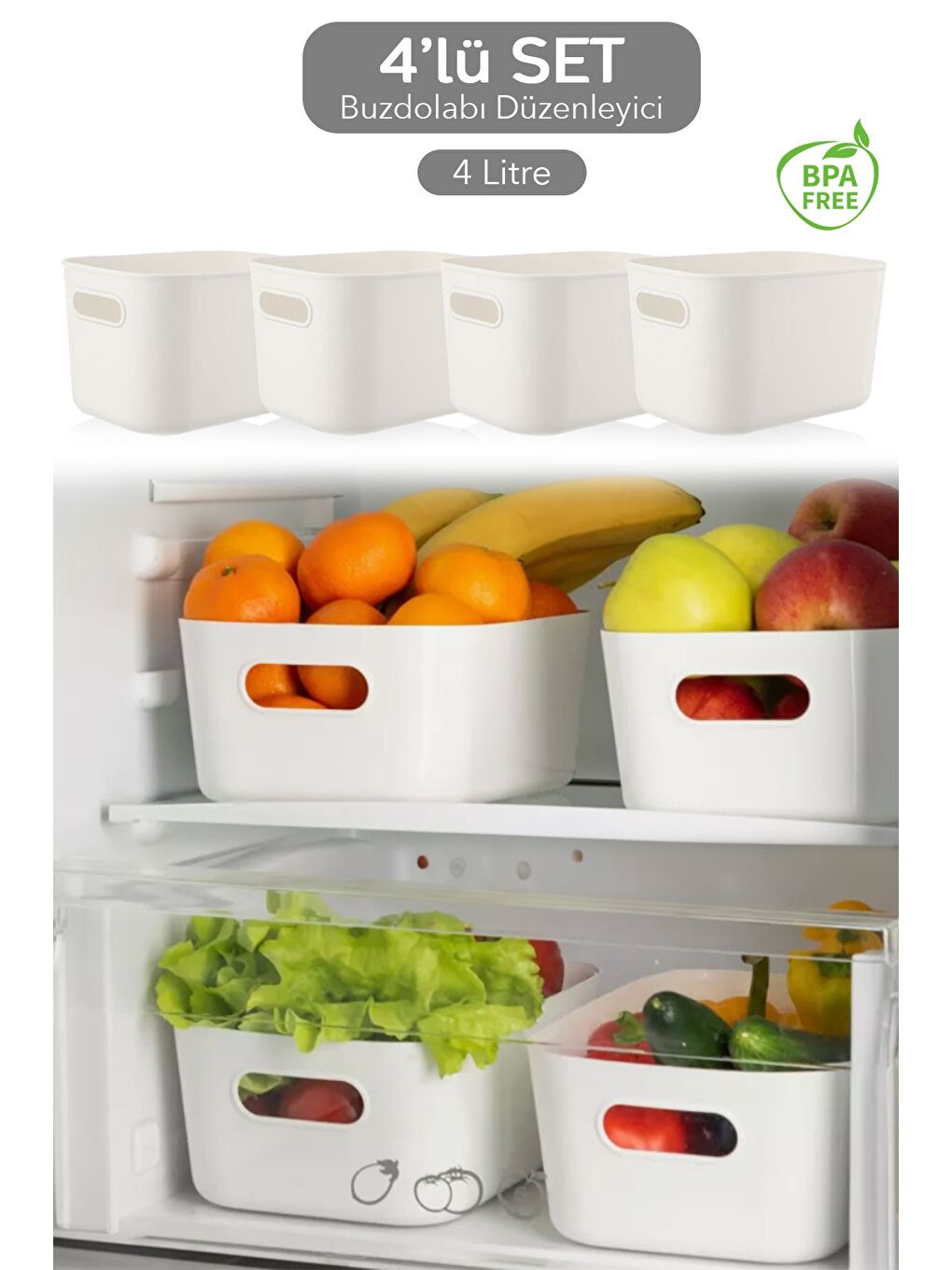 4'lü Buzdolabı Dolap İçi Düzenleyici Organizer Saklama Kabı Beyaz 4 x 4 Litre