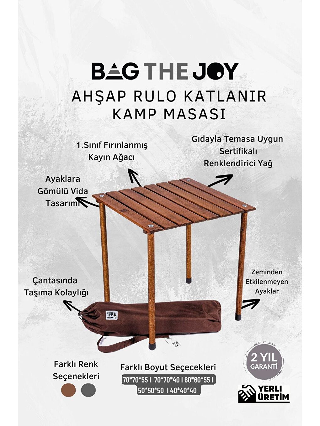 Bag The Joy Ahşap Katlanır Kahverengi - Turuncu Masa Sandalye Seti  50*50*50cm - 6