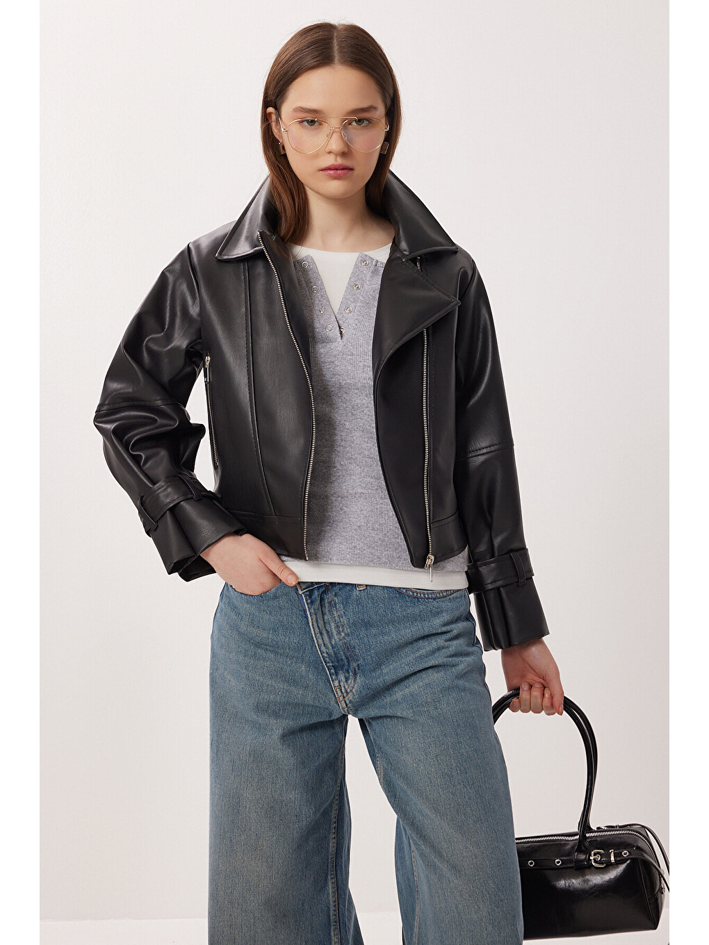Siyah Suni Deri Biker Ceket SİYAH LAX0007-2