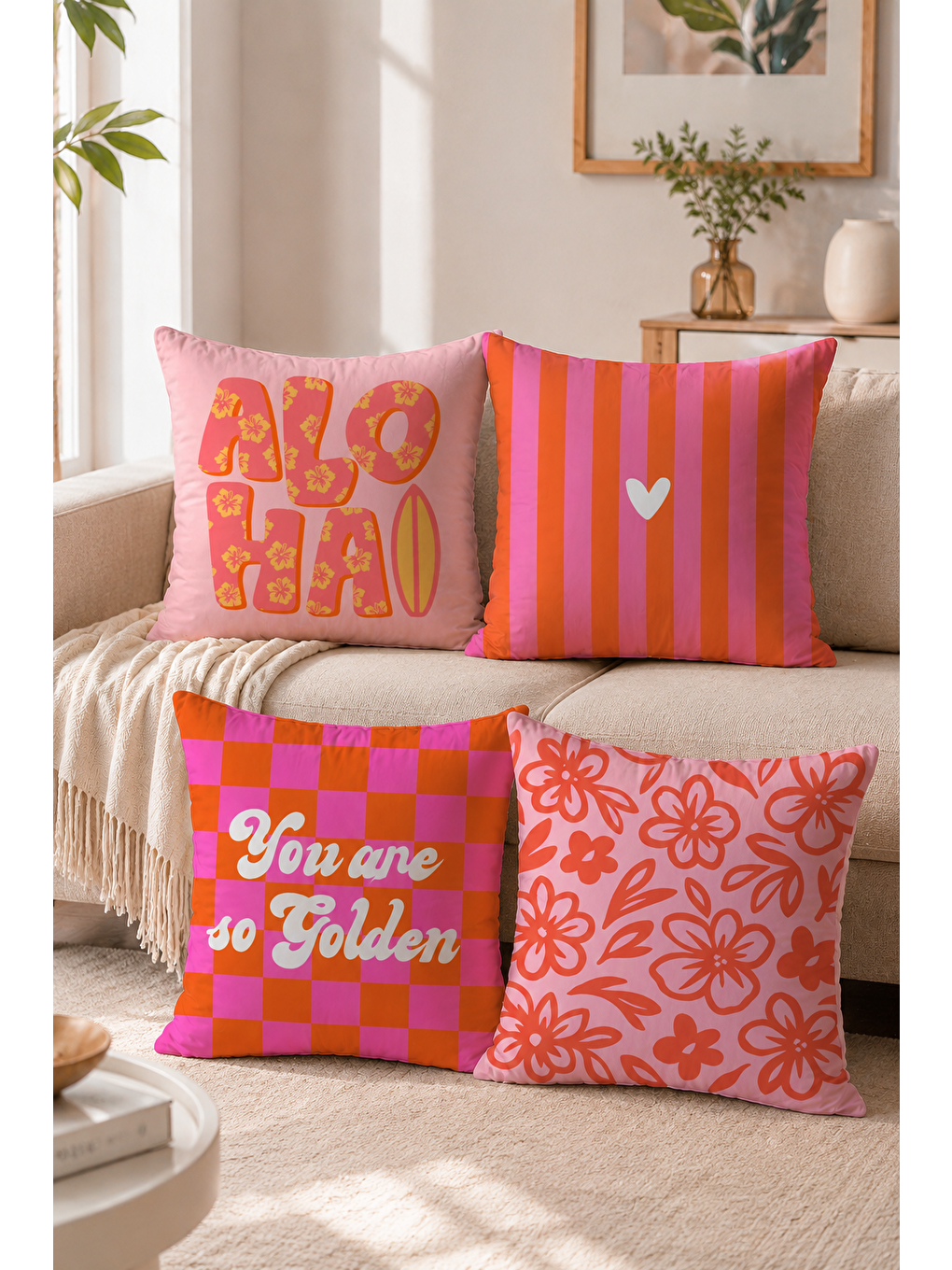 Pembe Aloha Çiçek Ve Çizgi Desenli Dekoratif Kırlent Kılıfı 43x43 Cm Retro Yazlık Dekor-3