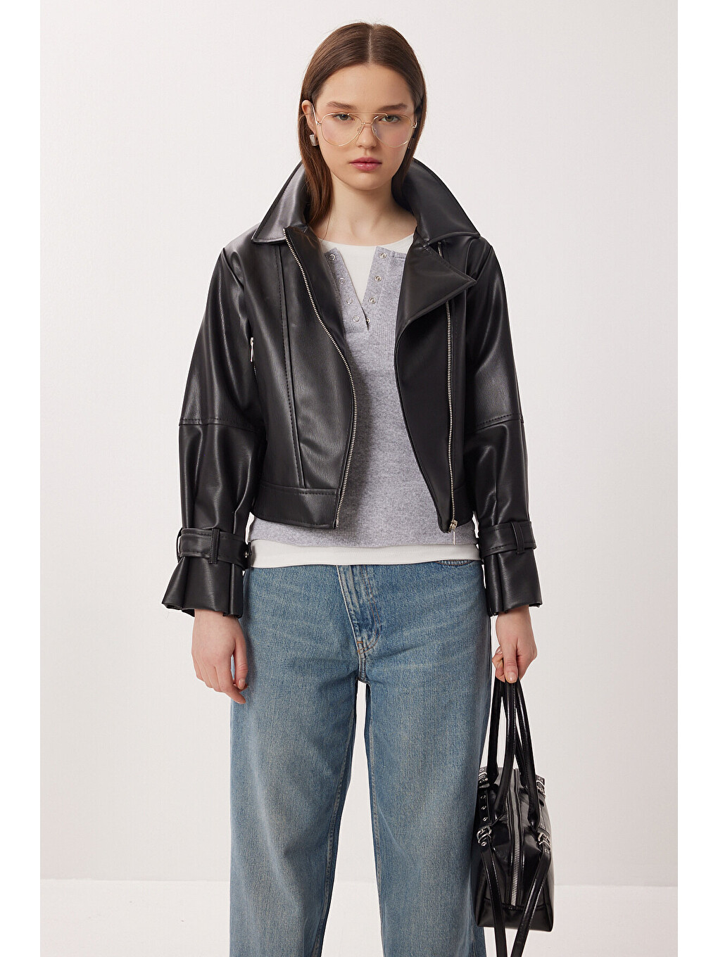 Siyah Suni Deri Biker Ceket SİYAH LAX0007-3