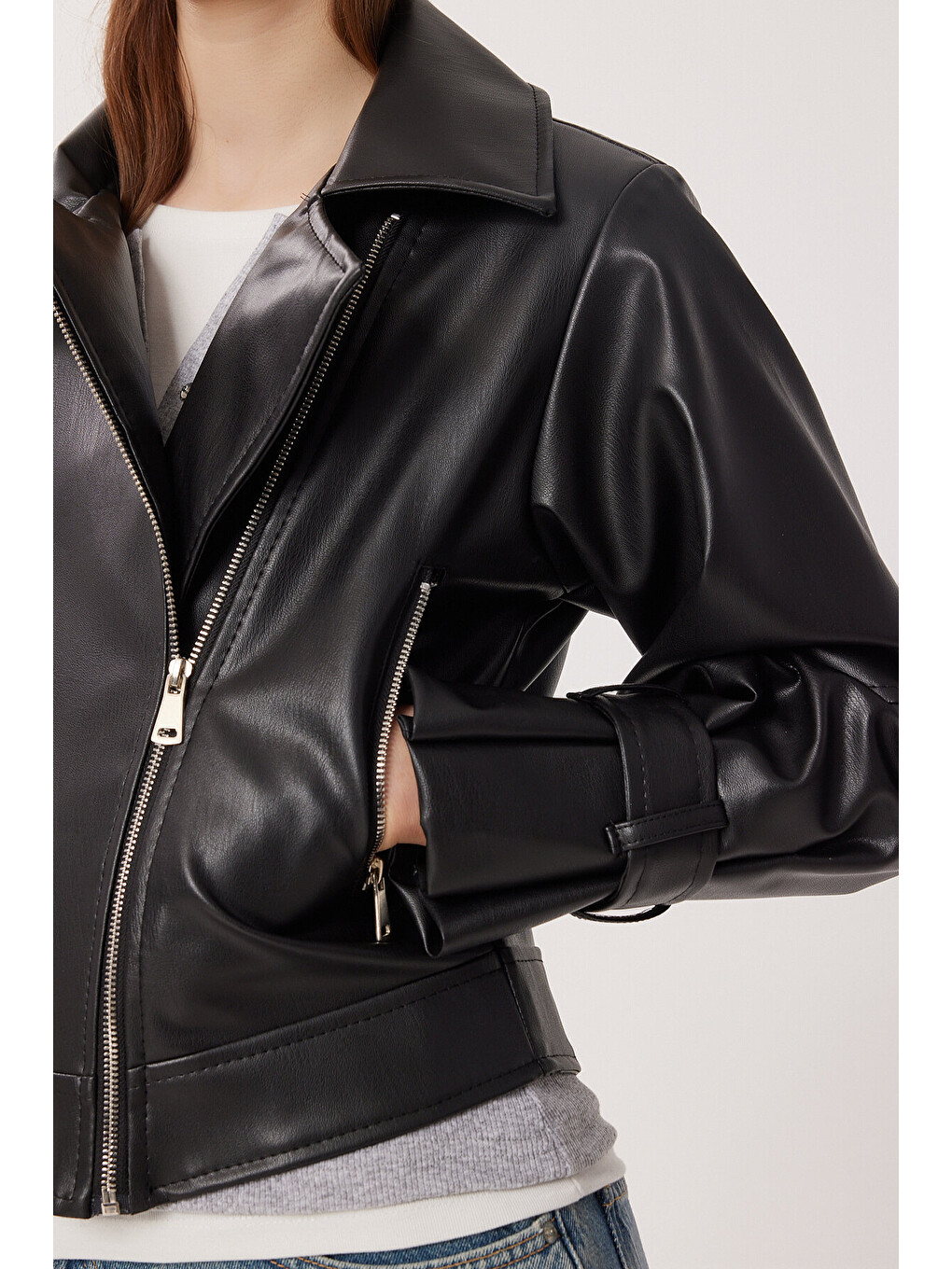 Siyah Suni Deri Biker Ceket SİYAH LAX0007-4