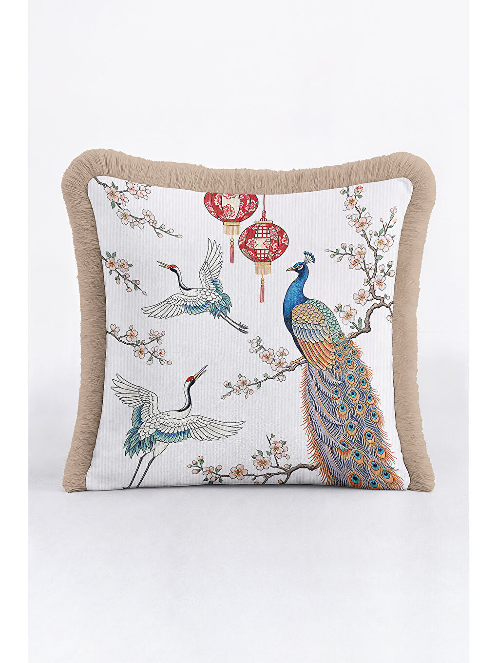 Karışık Görkemli Kuş ve Fener Saçaklı Yastık Kılıfı - Doğu Esintili Bohem Mavi Krem Püsküllü Kırlent Kılıfı-2