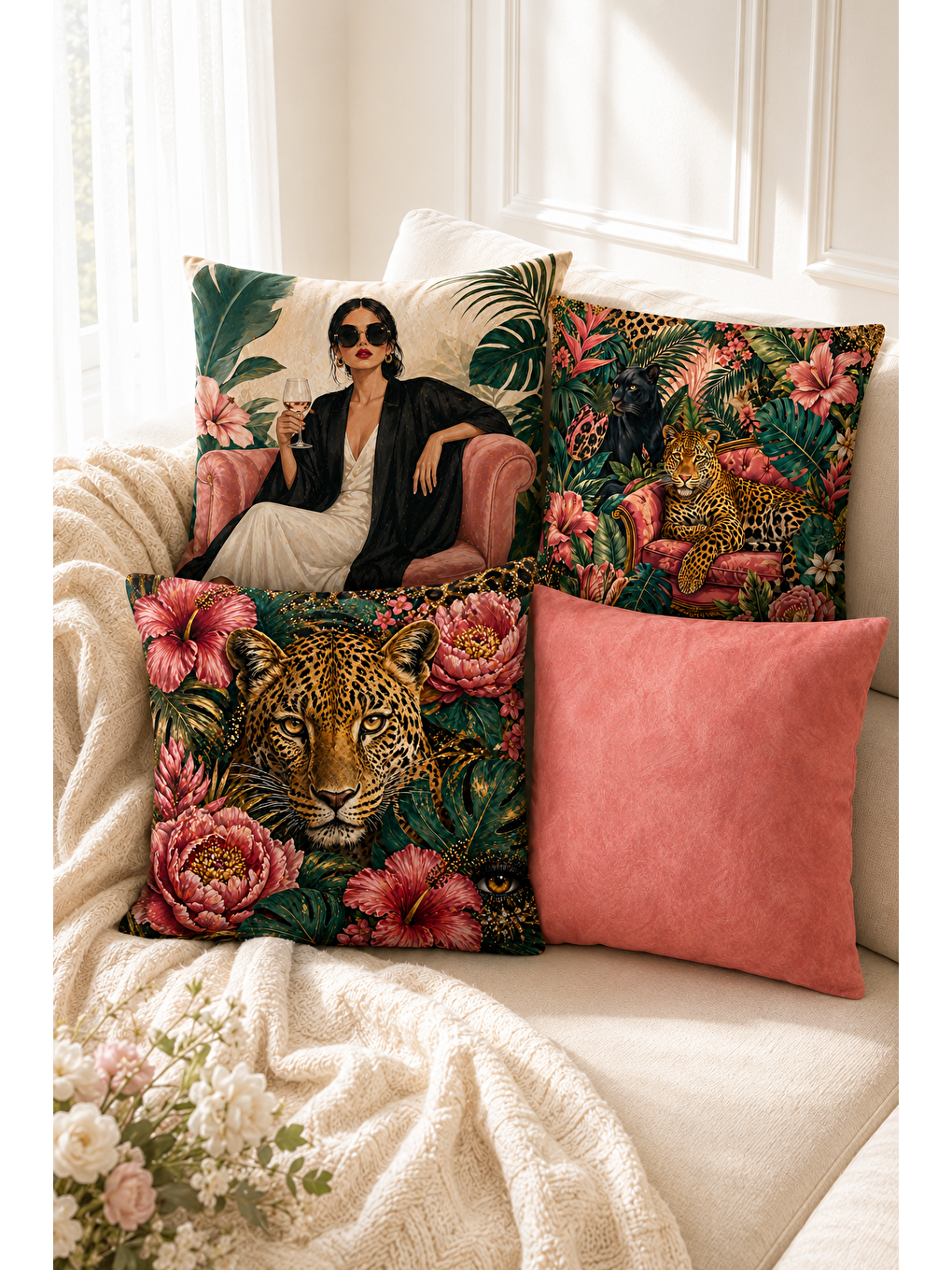 Karışık Tropikal Leopar Ve Kadın Baskılı Dekoratif Kırlent Kılıfı 43x43 Cm Modern Dekor-2