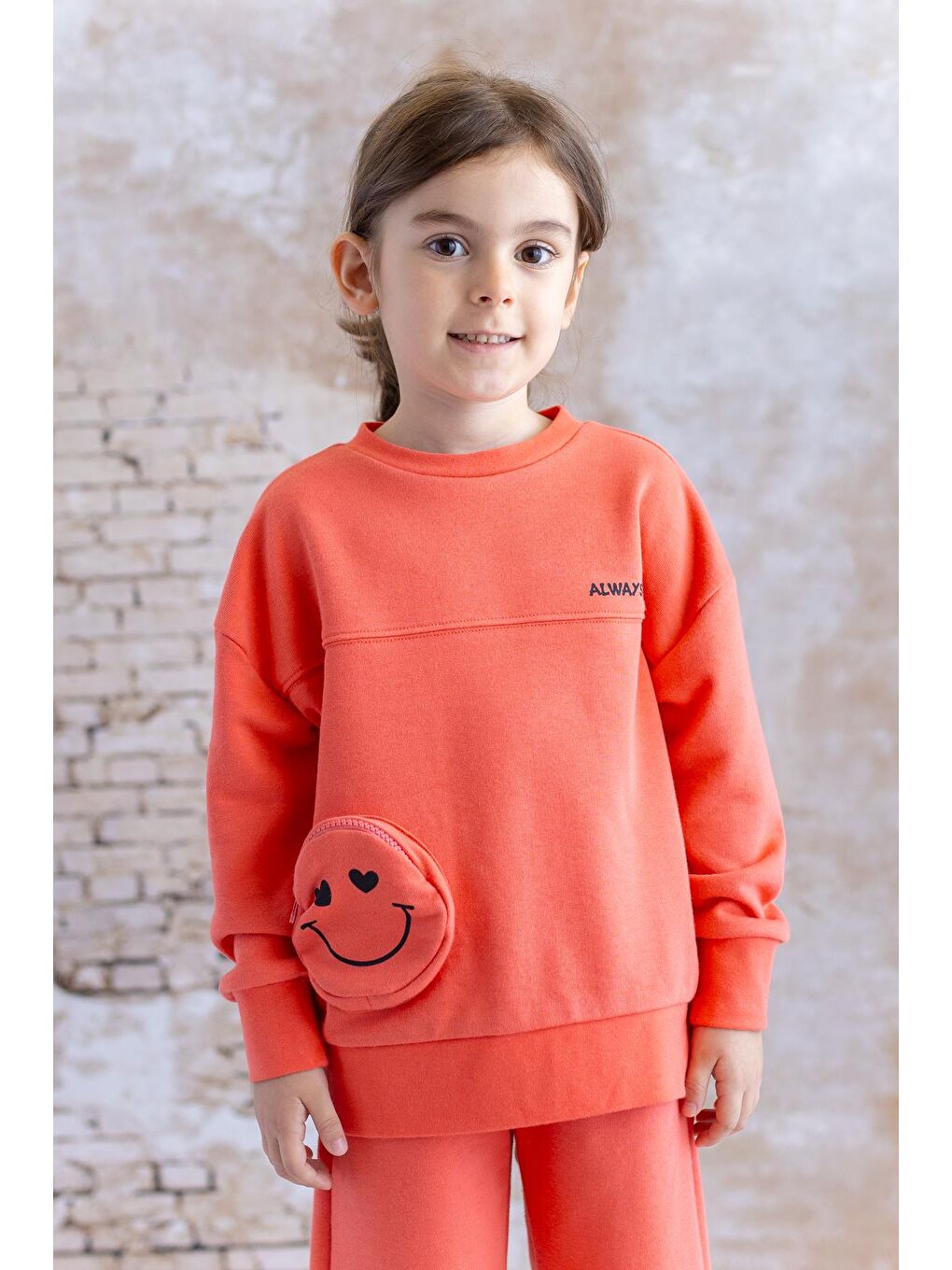 Kırmızı Kız Çocuk Cep Detaylı Baskılı Sweatshirt - Narçiçeði