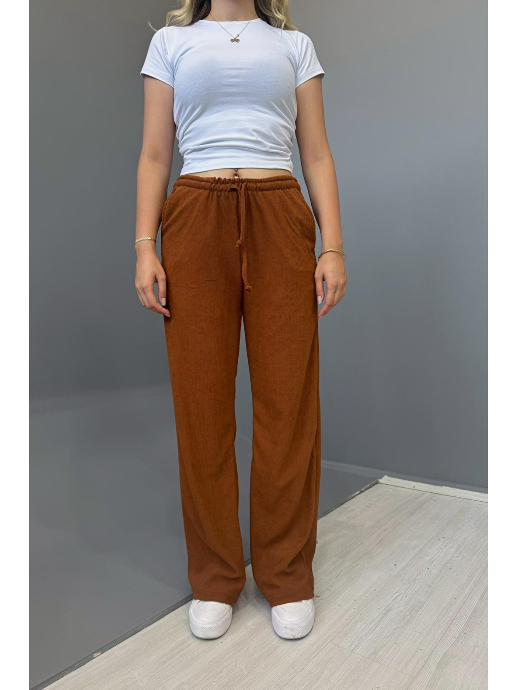 Kahverengi Kadın Jakarlı Salaş Bağcıklı Pantolon - HARDAL