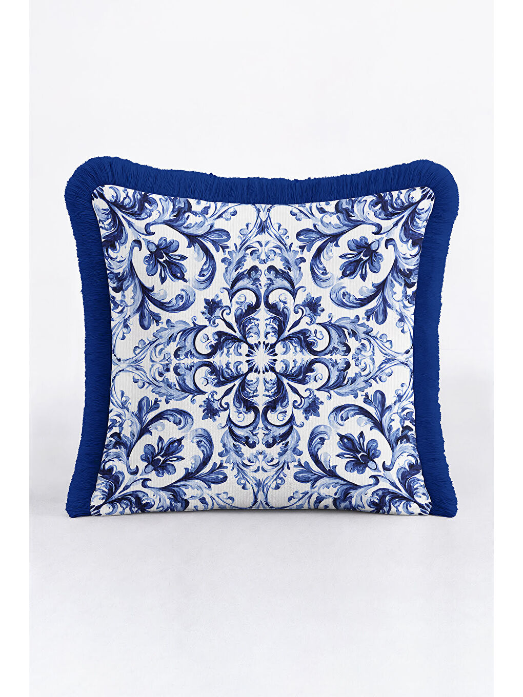 Karışık Barok Lüks Saçaklı Yastık Kılıfı - Akdeniz Esintili Klasik Mavi Püsküllü Kırlent Kılıfı-2