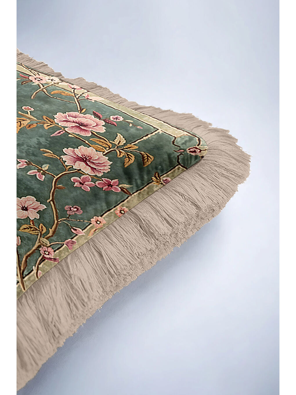 Karışık Bahar Kuşlu Saçaklı Yastık Kılıfı - Vintage Çiçekli Klasik Bohem Yeşil Püsküllü Kırlent Kılıfı-6