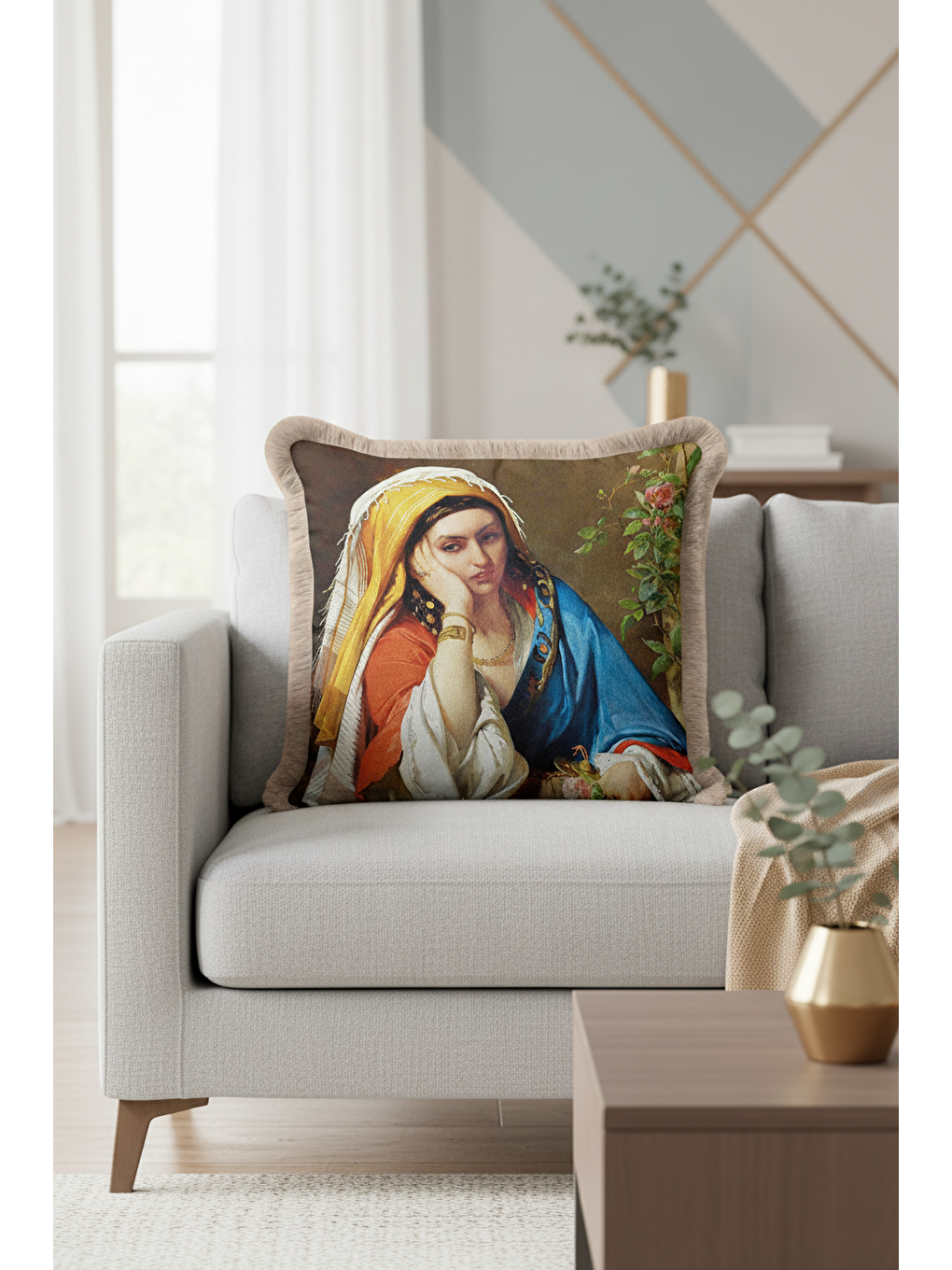 Karışık Avangart Portre Saçaklı Yastık Kılıfı - Sanatsal Klasik Vintage Mavi Gold Püsküllü Kırlent Kılıfı-3