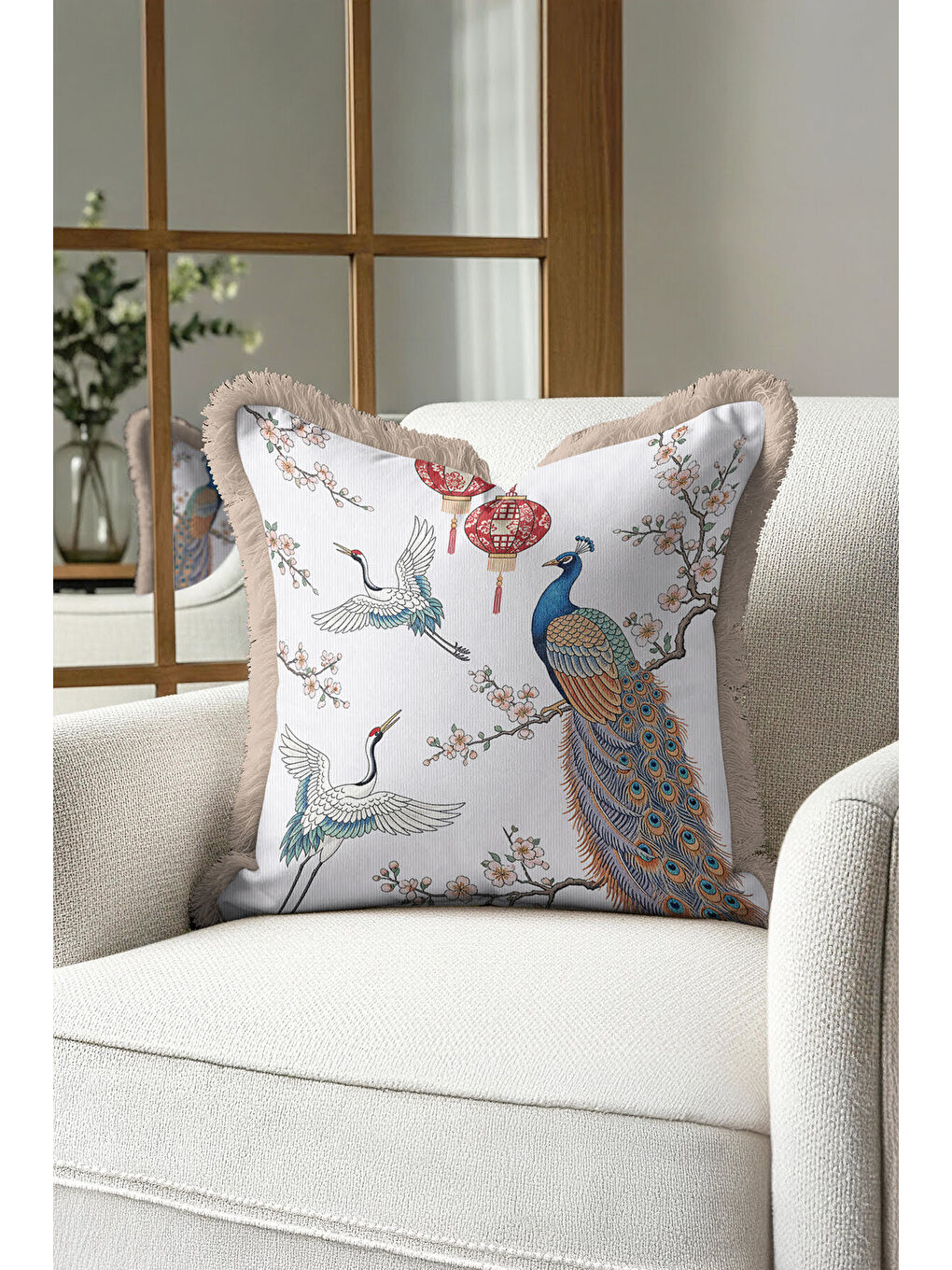 Karışık Görkemli Kuş ve Fener Saçaklı Yastık Kılıfı - Doğu Esintili Bohem Mavi Krem Püsküllü Kırlent Kılıfı-3