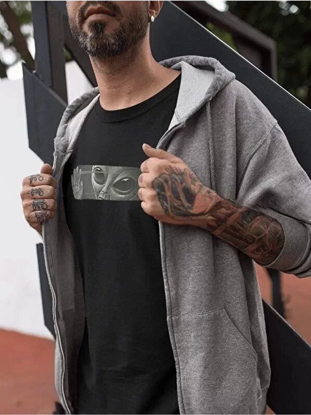 Unisex Bisiklet Yaka Baskılı Oversize T-Shirt - Siyah-1