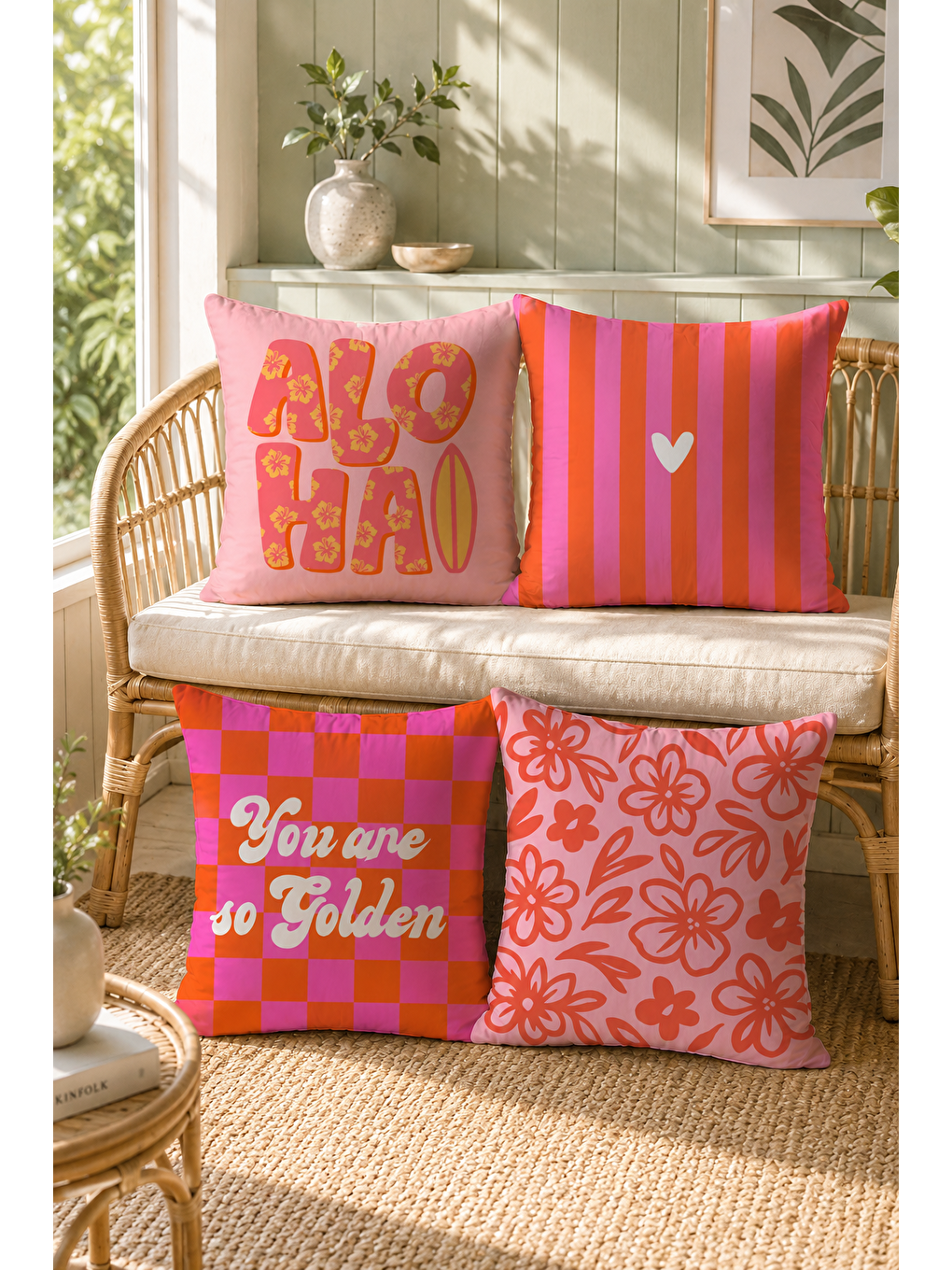 Pembe Aloha Çiçek Ve Çizgi Desenli Dekoratif Kırlent Kılıfı 43x43 Cm Retro Yazlık Dekor-4