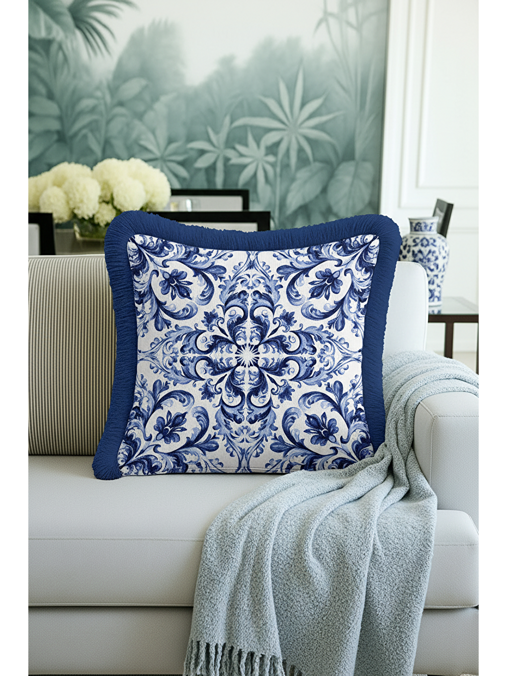 Karışık Barok Lüks Saçaklı Yastık Kılıfı - Akdeniz Esintili Klasik Mavi Püsküllü Kırlent Kılıfı-3