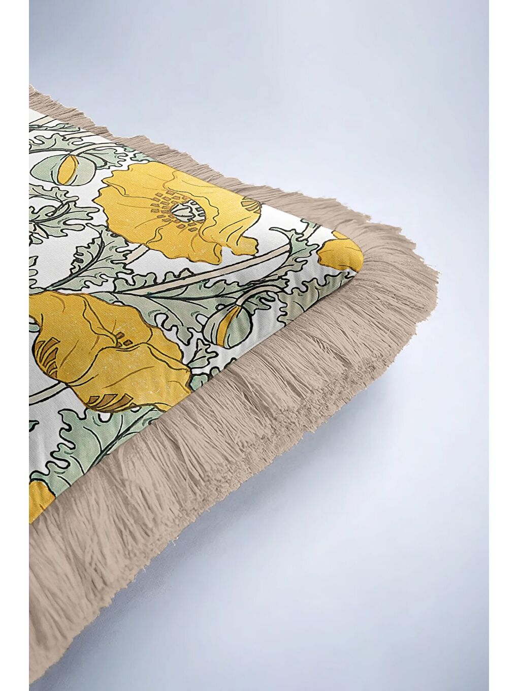 Karışık Lüks Çiçek Bahçesi Saçaklı Yastık Kılıfı - Vintage Country Sarı Yeşil Püsküllü Kırlent Kılıfı-6