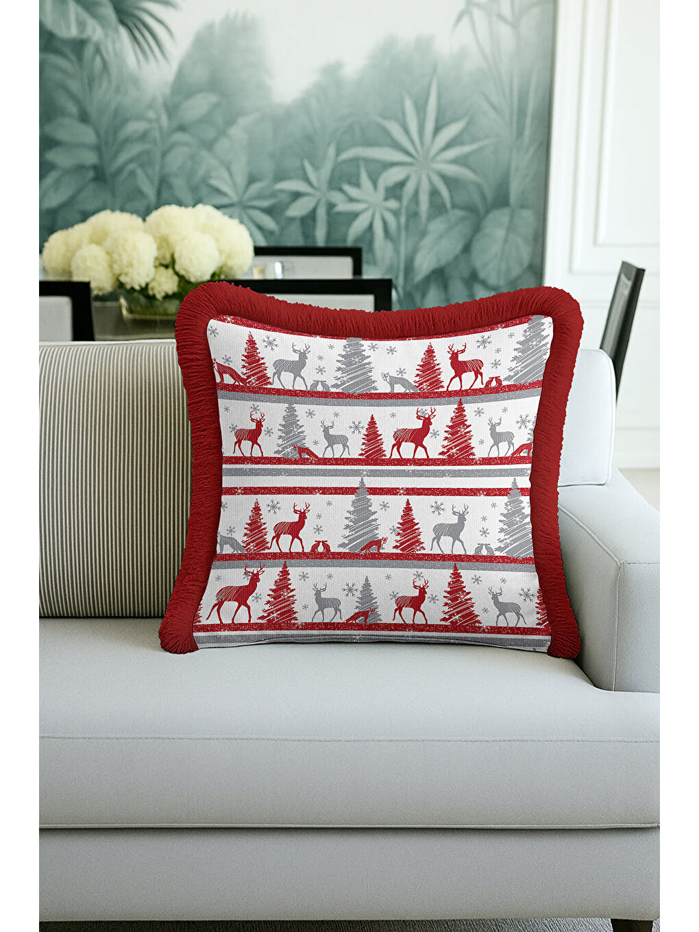 Karışık Nordik Geyik Temalı Saçaklı Yastık Kılıfı - Kış Rustik Kırmızı Gri Püsküllü Kırlent Kılıfı-1