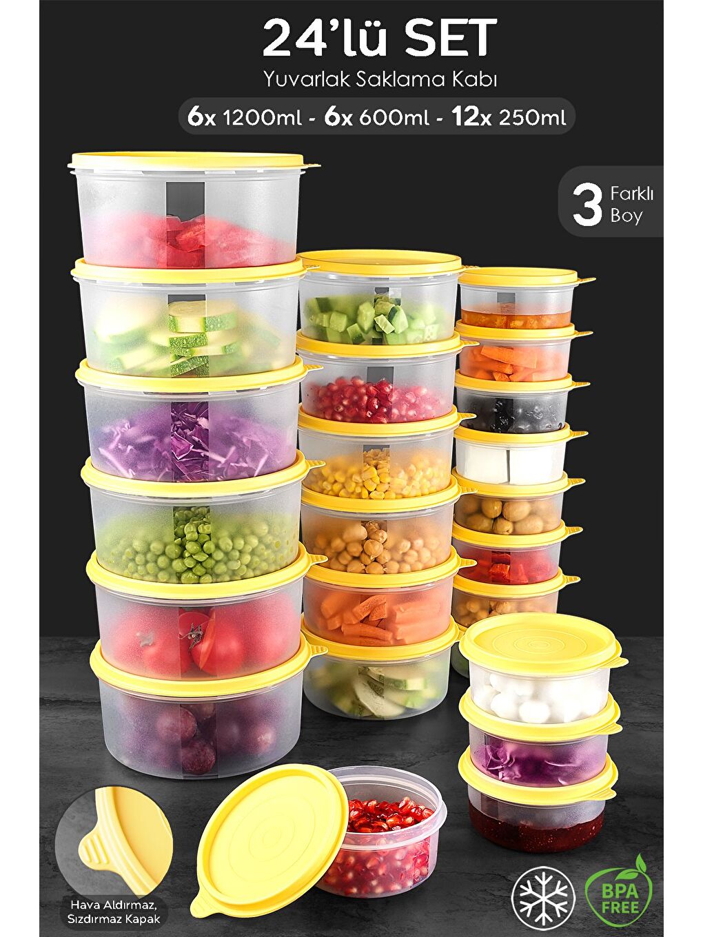 24'lü Yuvarlak Gıda Saklama Kabı Seti 12x250 6x600 6x1200 ml Sarı