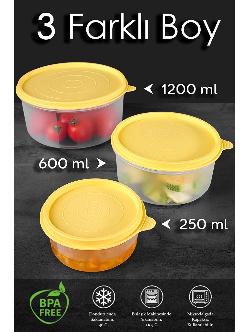 24'lü Yuvarlak Gıda Saklama Kabı Seti 12x250 6x600 6x1200 ml Sarı-1