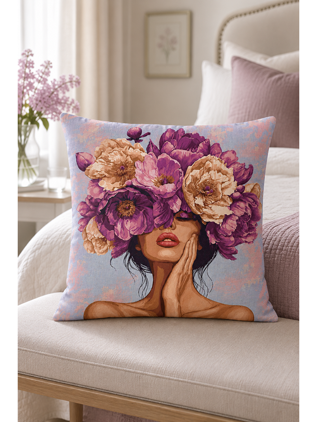 Mor Çiçek Taçlı Kadın Portre Dekoratif Kırlent Kılıfı Bohem Salon Dekor 43x43 Cm-4
