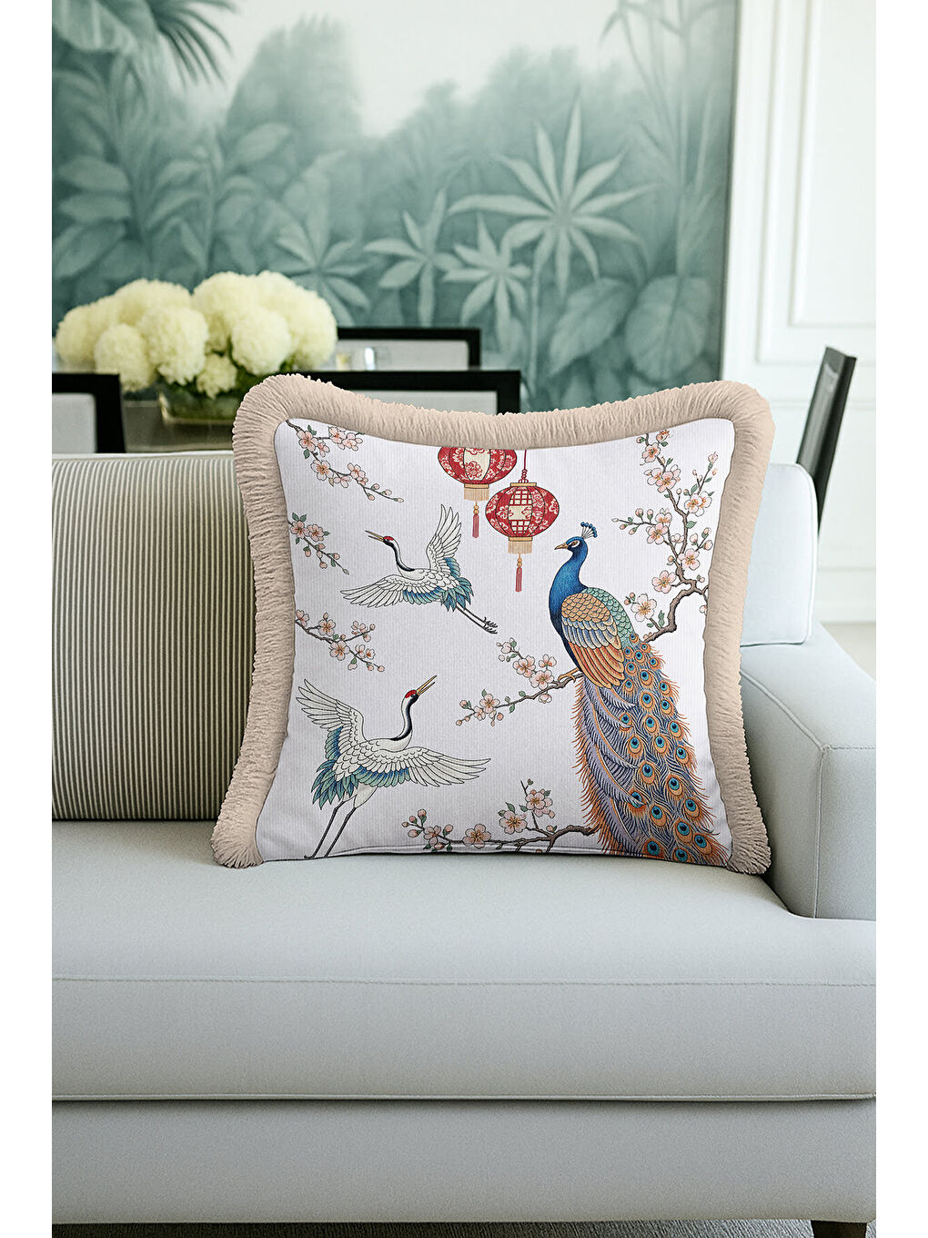 Karışık Görkemli Kuş ve Fener Saçaklı Yastık Kılıfı - Doğu Esintili Bohem Mavi Krem Püsküllü Kırlent Kılıfı-4
