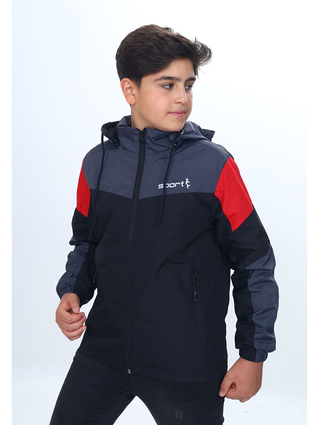 Siyah Erkek Çocuk Sport Baskılı Kapüşonlu Yağmurluk-2