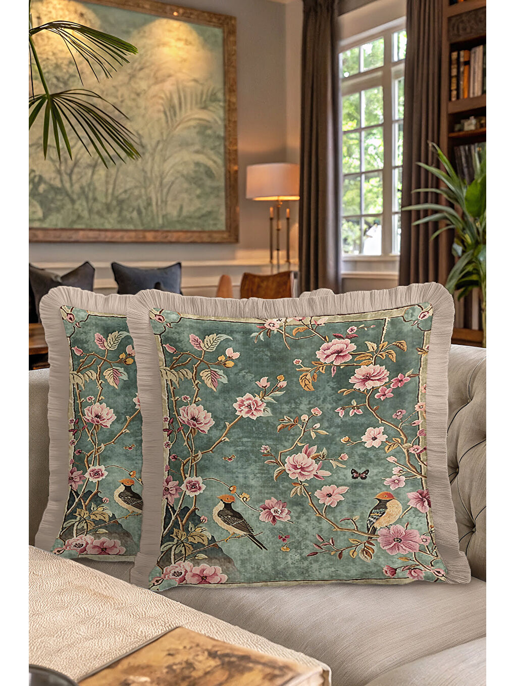 Karışık Bahar Kuşlu Saçaklı Yastık Kılıfı - Vintage Çiçekli Klasik Bohem Yeşil Püsküllü Kırlent Kılıfı-7