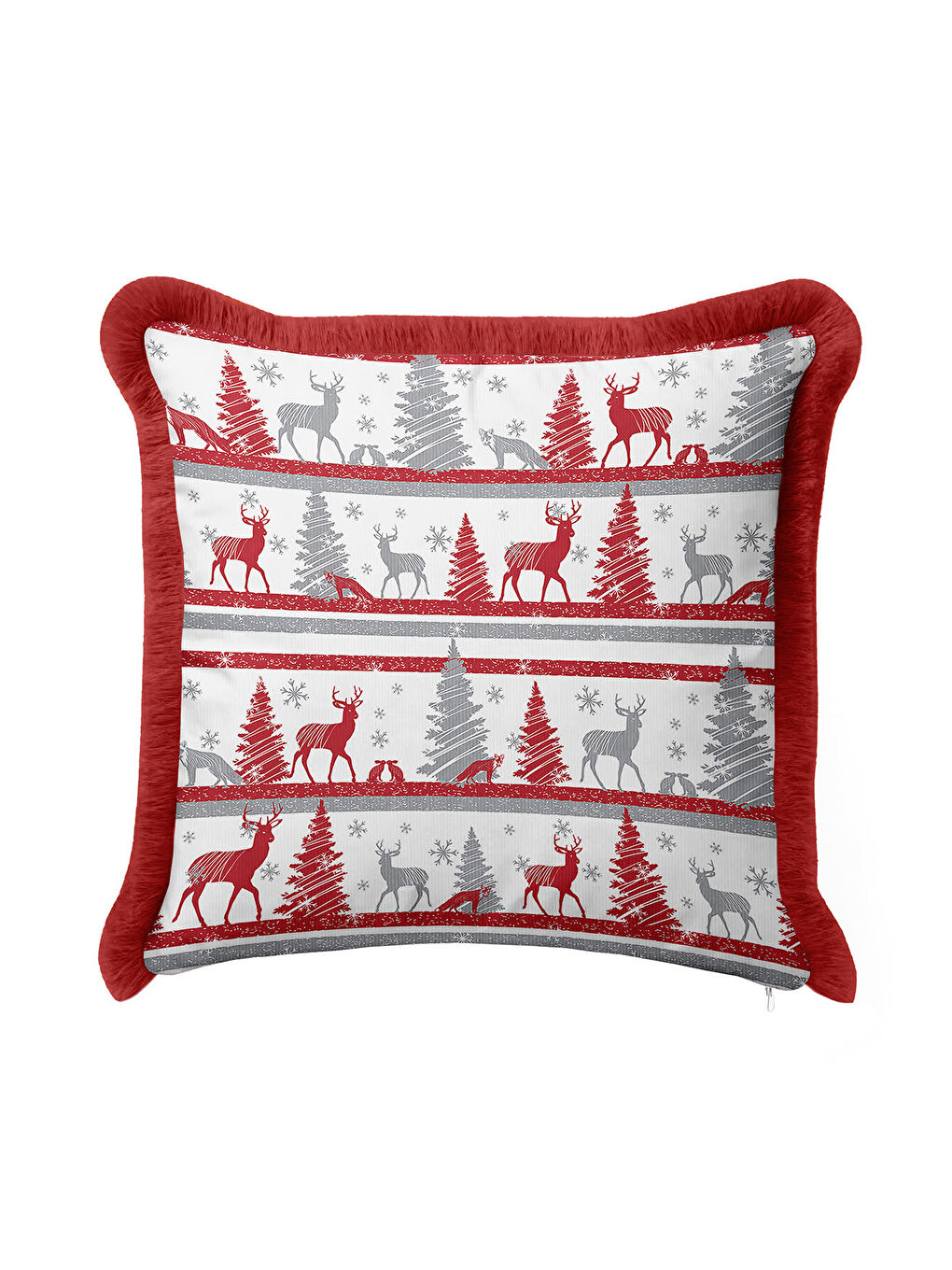 Karışık Nordik Geyik Temalı Saçaklı Yastık Kılıfı - Kış Rustik Kırmızı Gri Püsküllü Kırlent Kılıfı-2