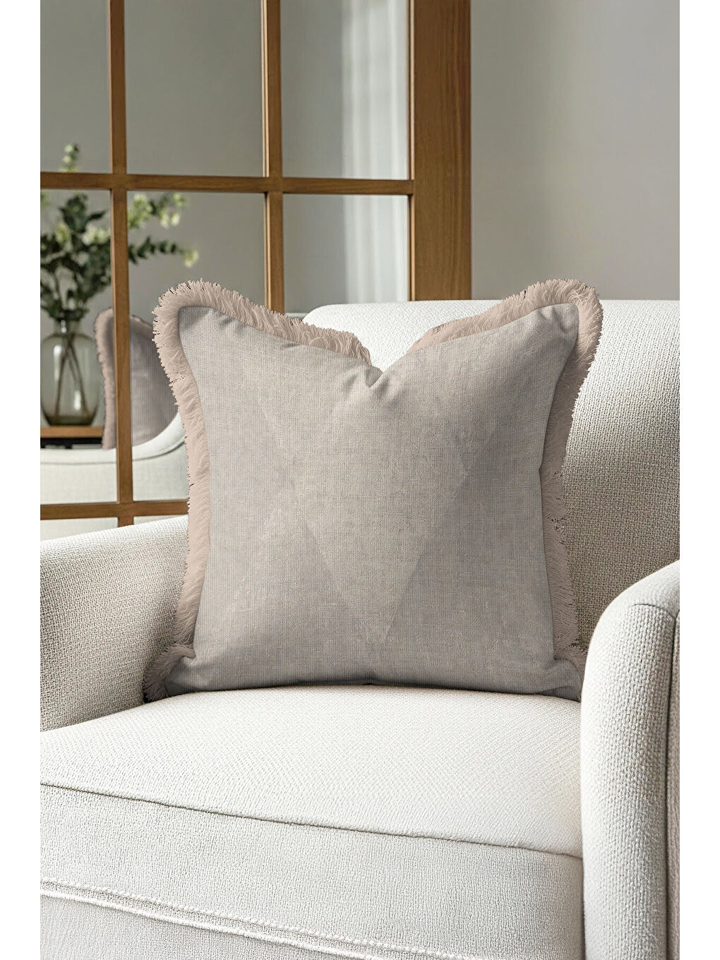 Karışık Modern Lüks Saçaklı Yastık Kılıfı - Doğal Doku Rustik Bej Püsküllü Kırlent Kılıfı