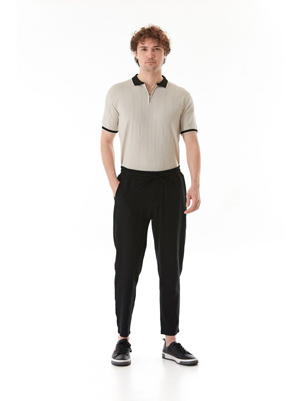 Siyah Beli Lastikli Cepli Regular Fit Keten Pantolon