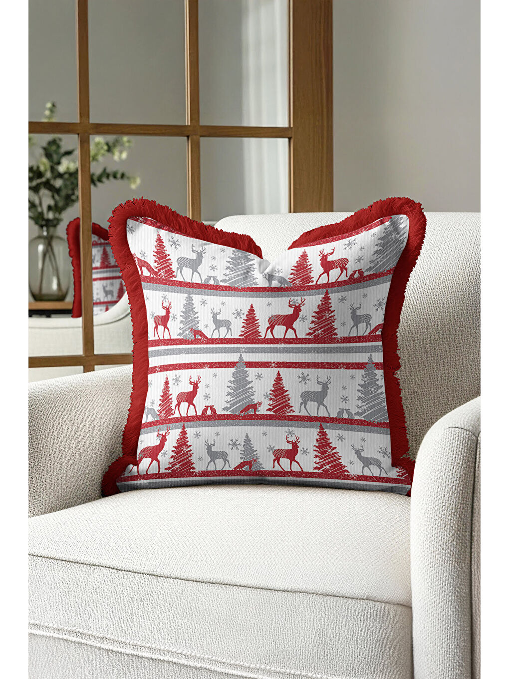 Karışık Nordik Geyik Temalı Saçaklı Yastık Kılıfı - Kış Rustik Kırmızı Gri Püsküllü Kırlent Kılıfı-3