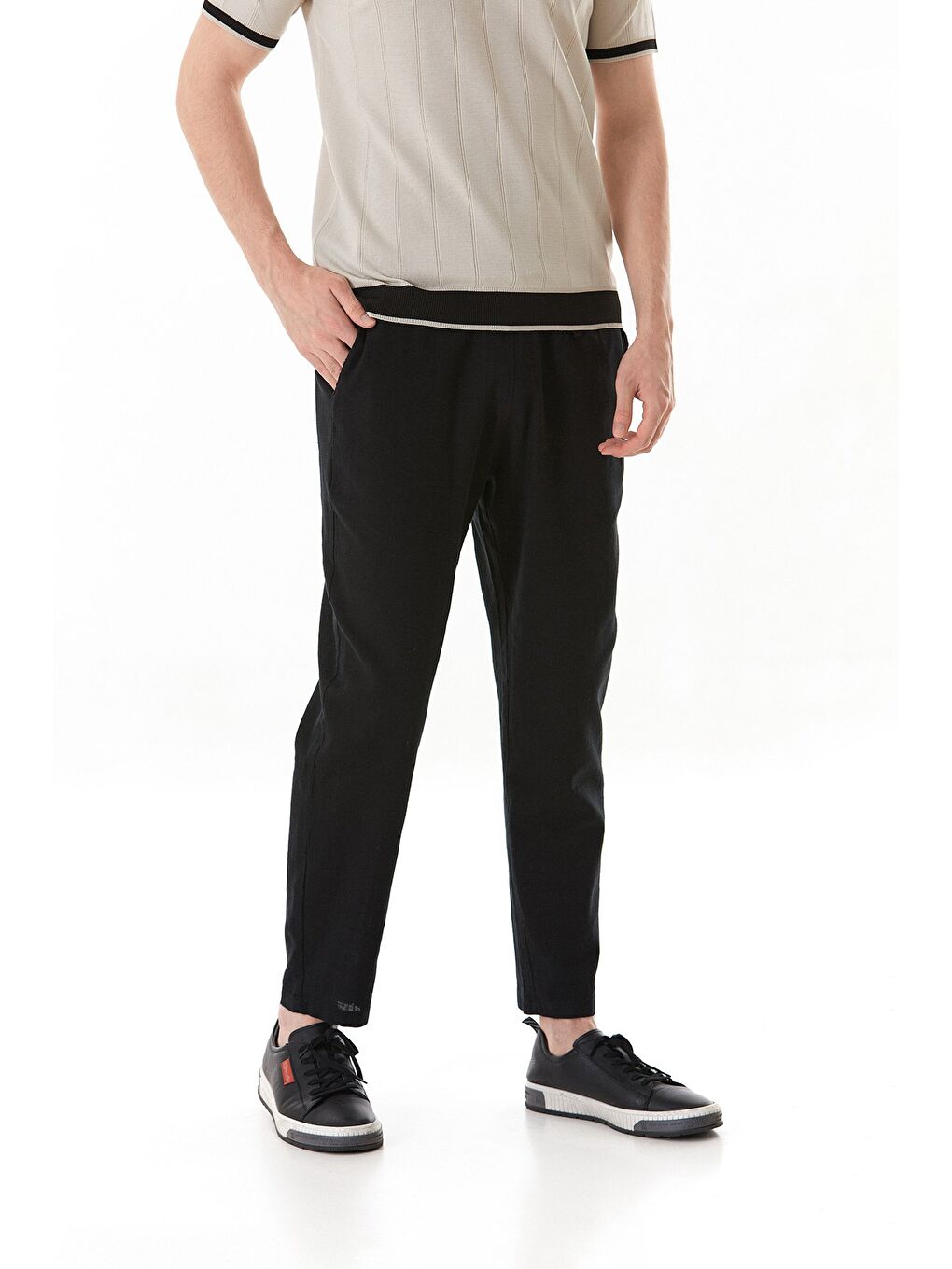 Siyah Beli Lastikli Cepli Regular Fit Keten Pantolon-1
