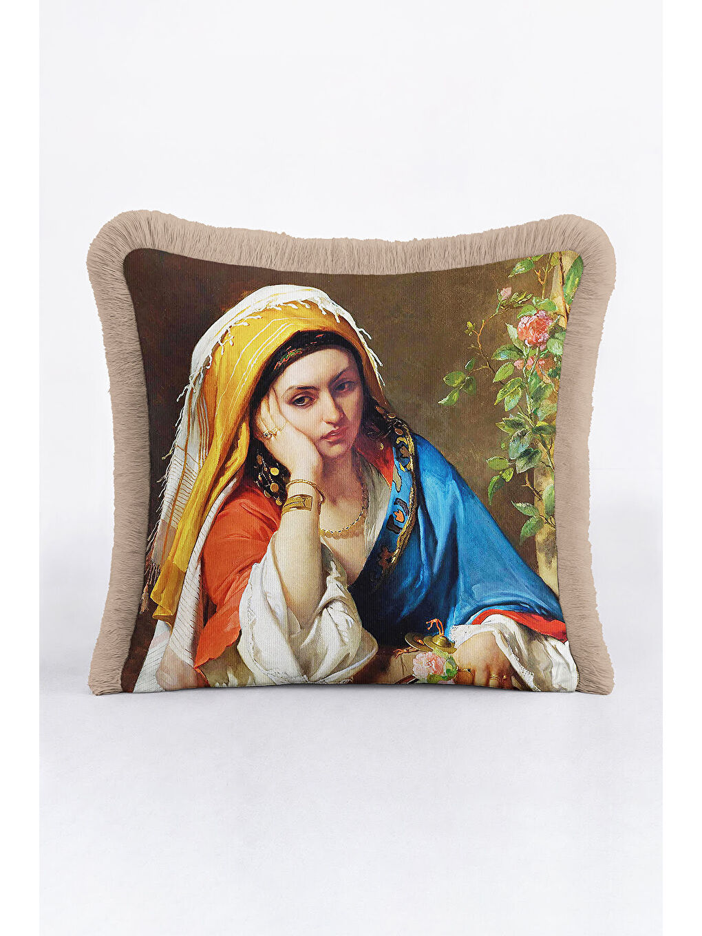 Karışık Avangart Portre Saçaklı Yastık Kılıfı - Sanatsal Klasik Vintage Mavi Gold Püsküllü Kırlent Kılıfı-4