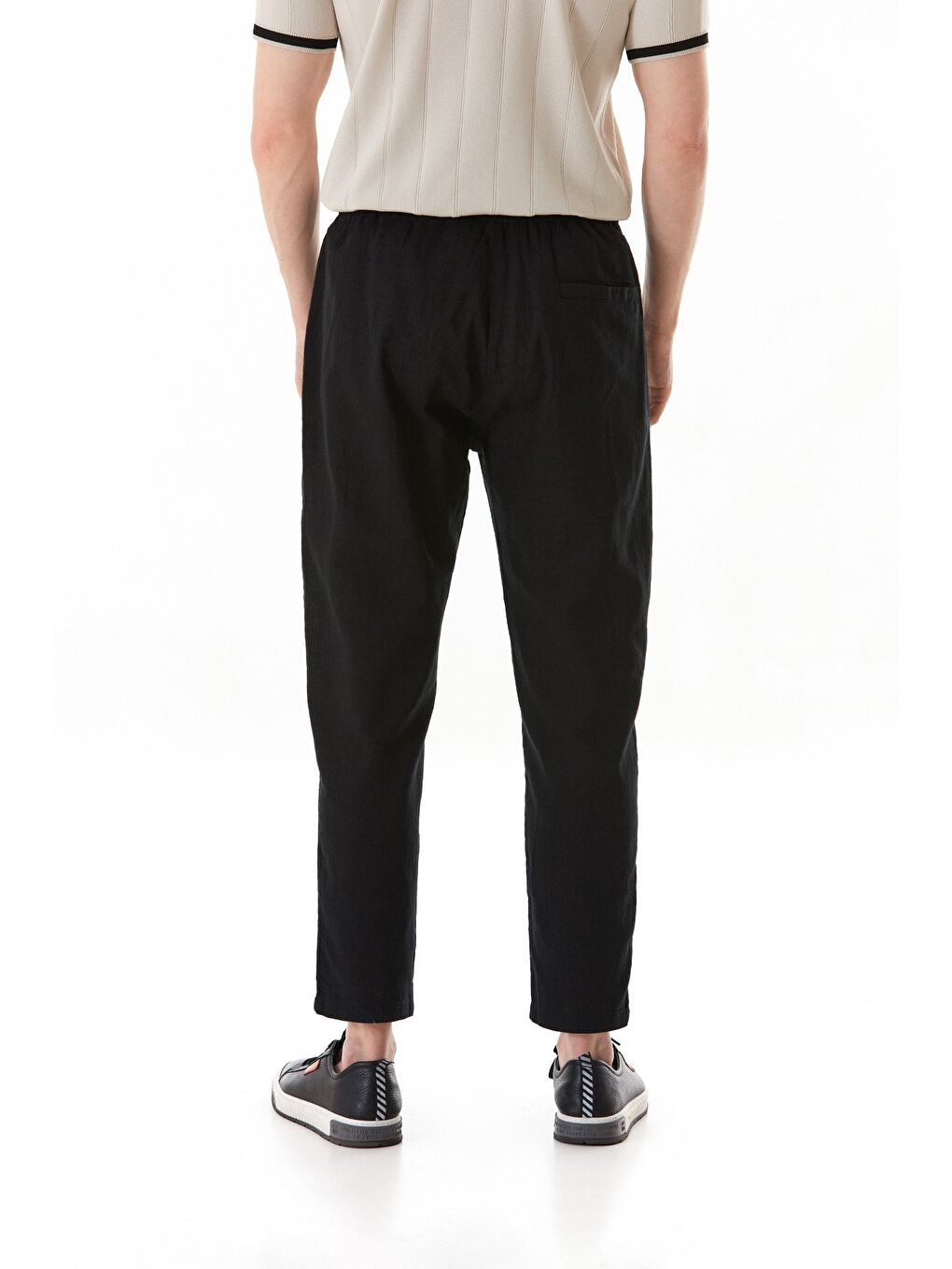Siyah Beli Lastikli Cepli Regular Fit Keten Pantolon-3