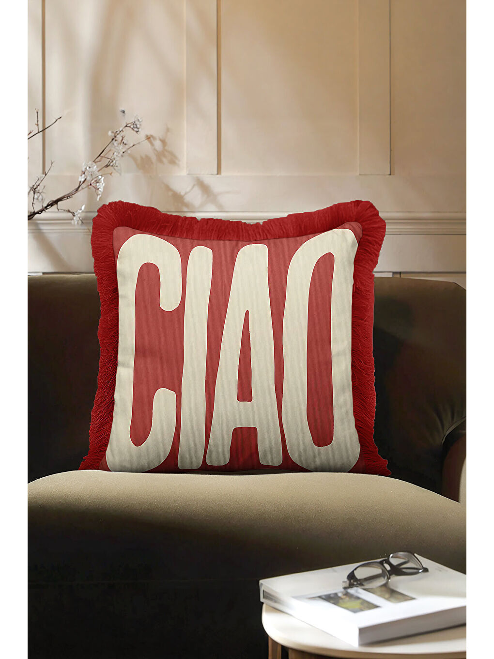 Karışık Modern Retro Yazılı Saçaklı Yastık Kılıfı - Büyük Tipografi Bohem Kırmızı Püsküllü Kırlent Kılıfı-1