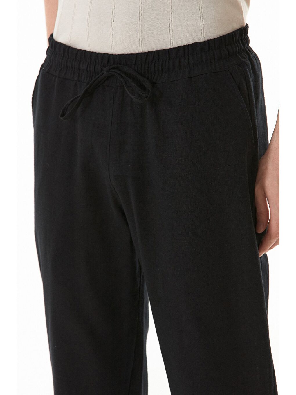 Siyah Beli Lastikli Cepli Regular Fit Keten Pantolon-4