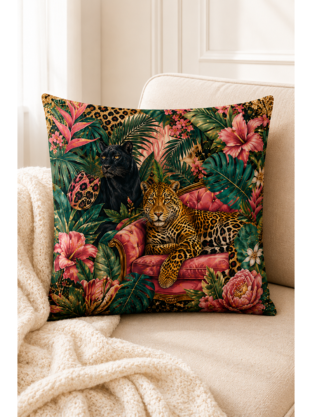 Karışık Tropikal Leopar Ve Kadın Baskılı Dekoratif Kırlent Kılıfı 43x43 Cm Modern Dekor-3