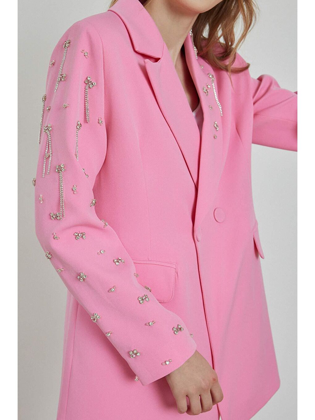 HOOOPSTORE Pembe Yaka Ve Kolları Taş İşlemeli Pembe Blazer Ceket - 3