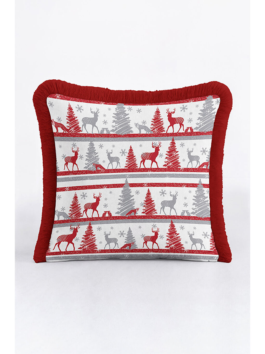 Karışık Nordik Geyik Temalı Saçaklı Yastık Kılıfı - Kış Rustik Kırmızı Gri Püsküllü Kırlent Kılıfı-4