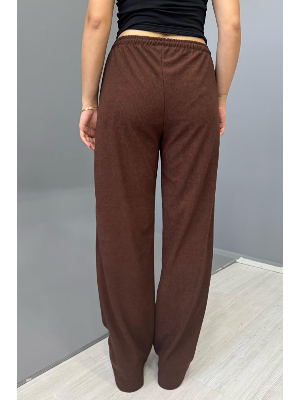 Kahverengi Kadın Jakarlı Salaş Bağcıklı Pantolon - KAHVERENGİ-1