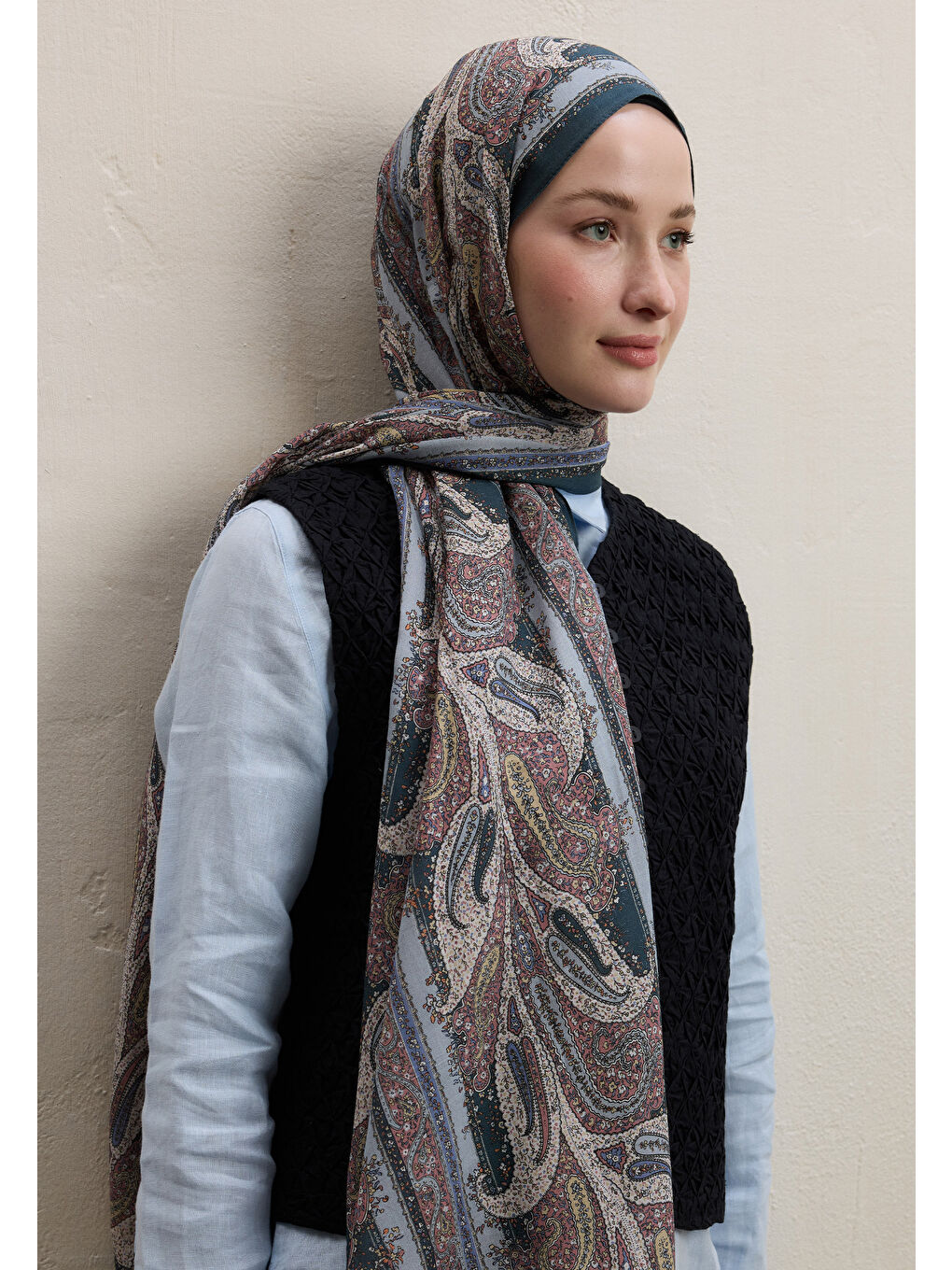 Paısley Elegance Desen Şal Mavi-1