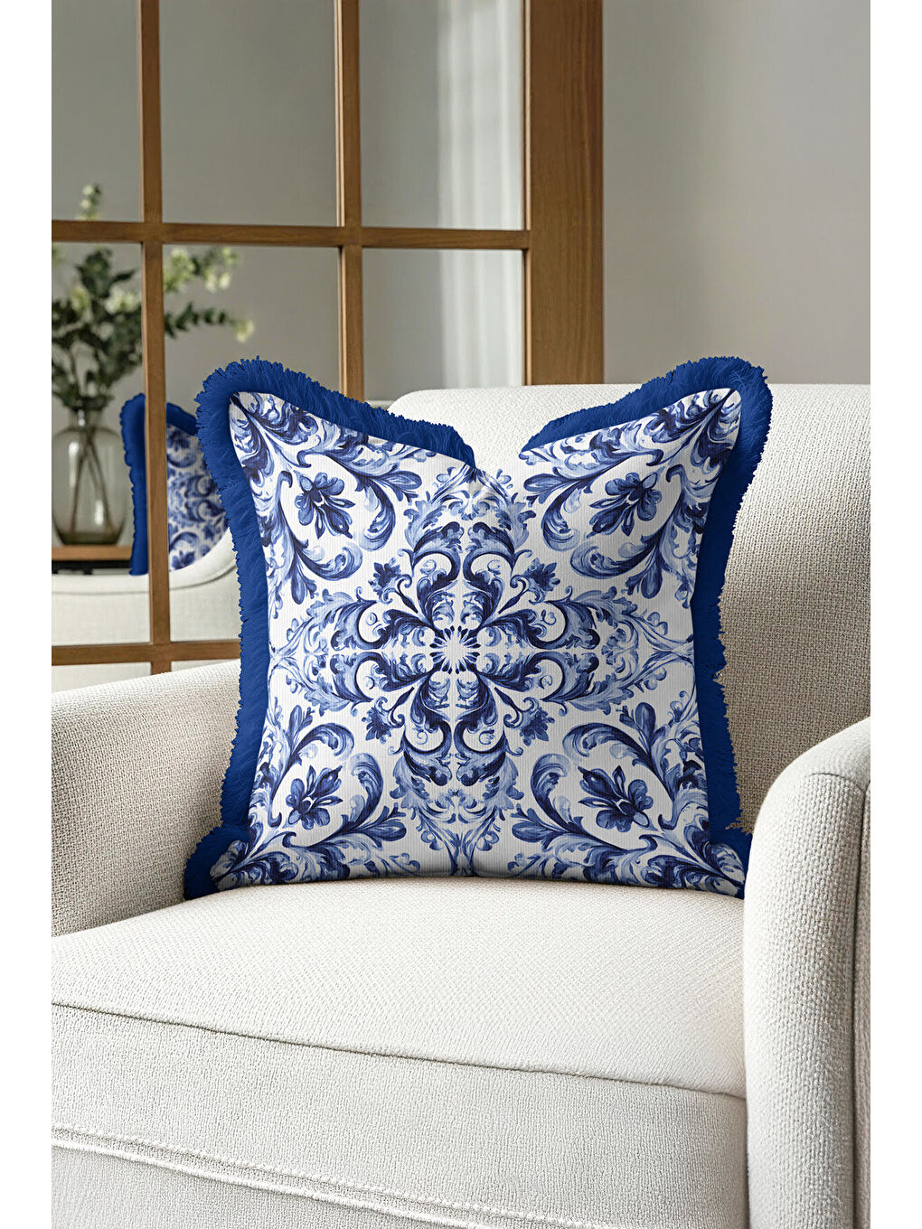 Karışık Barok Lüks Saçaklı Yastık Kılıfı - Akdeniz Esintili Klasik Mavi Püsküllü Kırlent Kılıfı-4