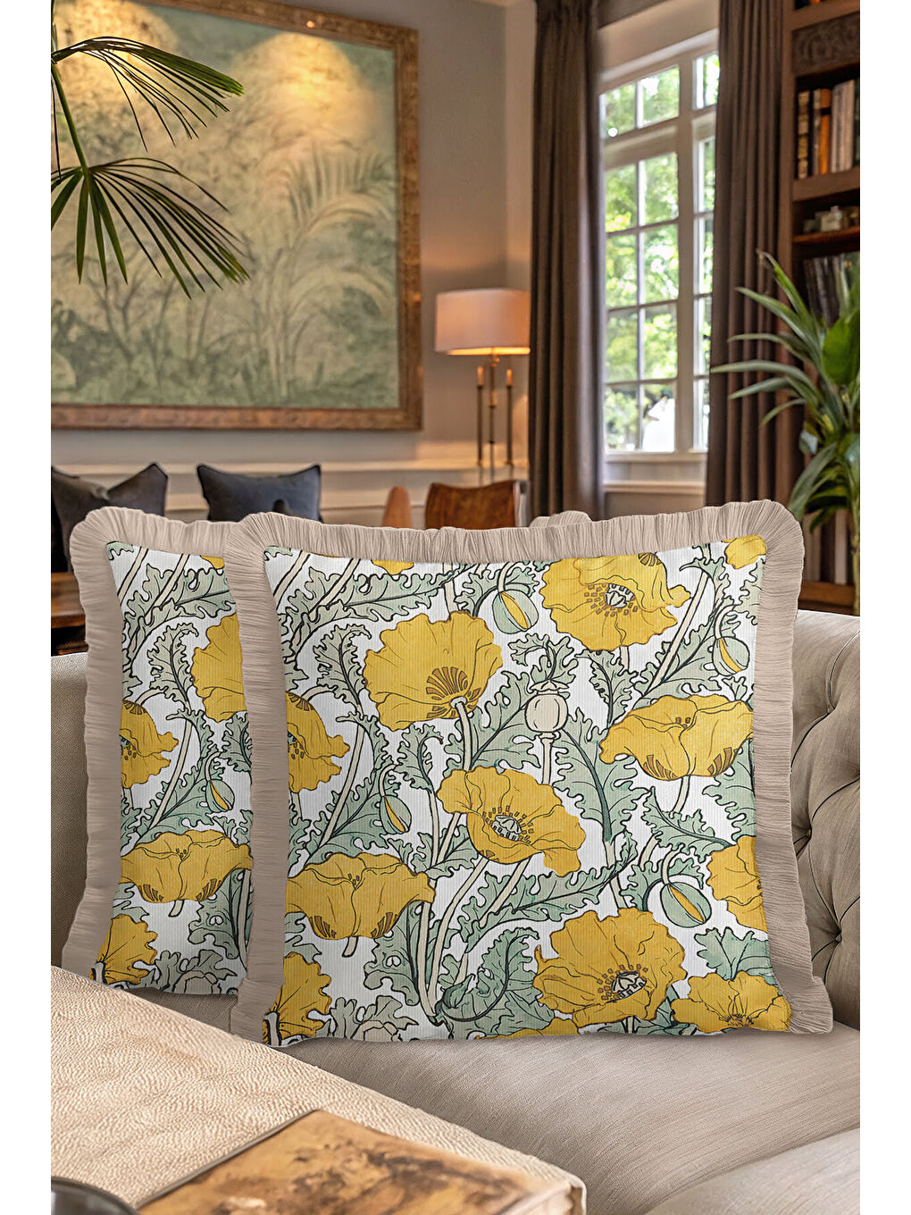 Karışık Lüks Çiçek Bahçesi Saçaklı Yastık Kılıfı - Vintage Country Sarı Yeşil Püsküllü Kırlent Kılıfı-7